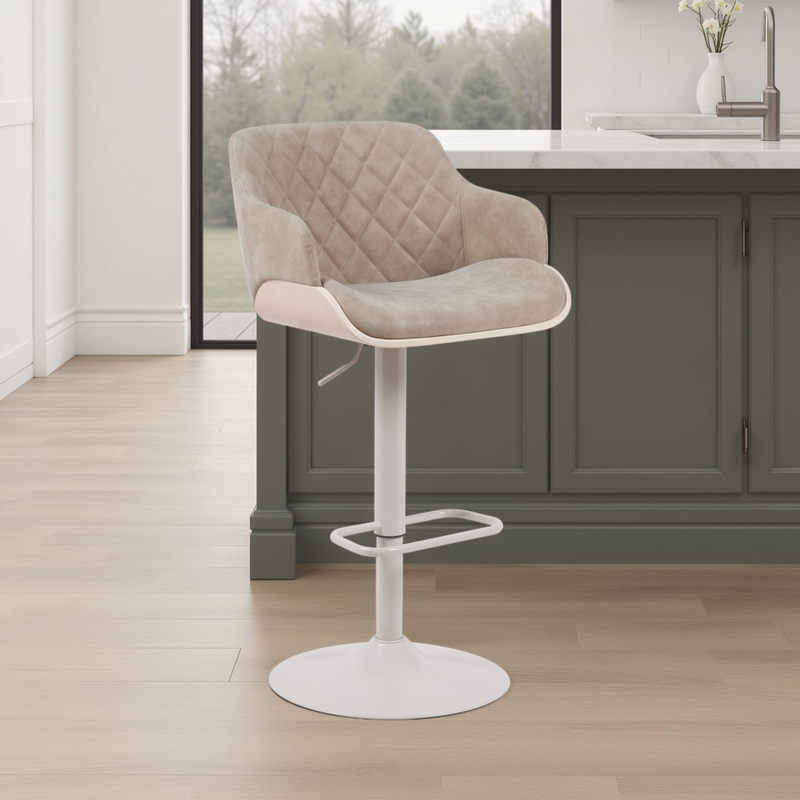 Bar Stool Diamond Quilted Leather-Like White Pedestal Base