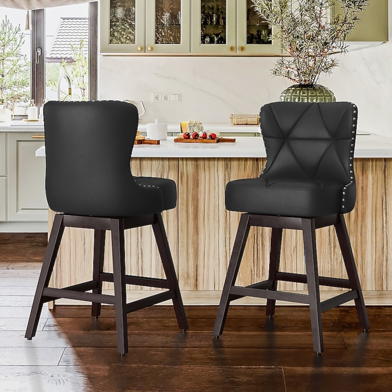 Bar Stool Diamond Tufted Back Swivel Base Dark Wood Legs Transitional