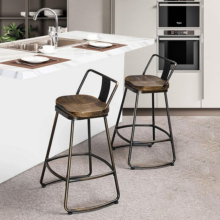 Bar Stool, Distressed Bronze, Wood Toned Swivel Seat, Low Profile Back