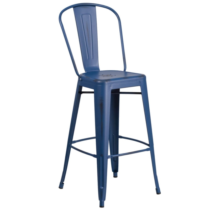 Bar Stool, Distressed Dark Blue Metal, Bistro Style Frame, Curved Back