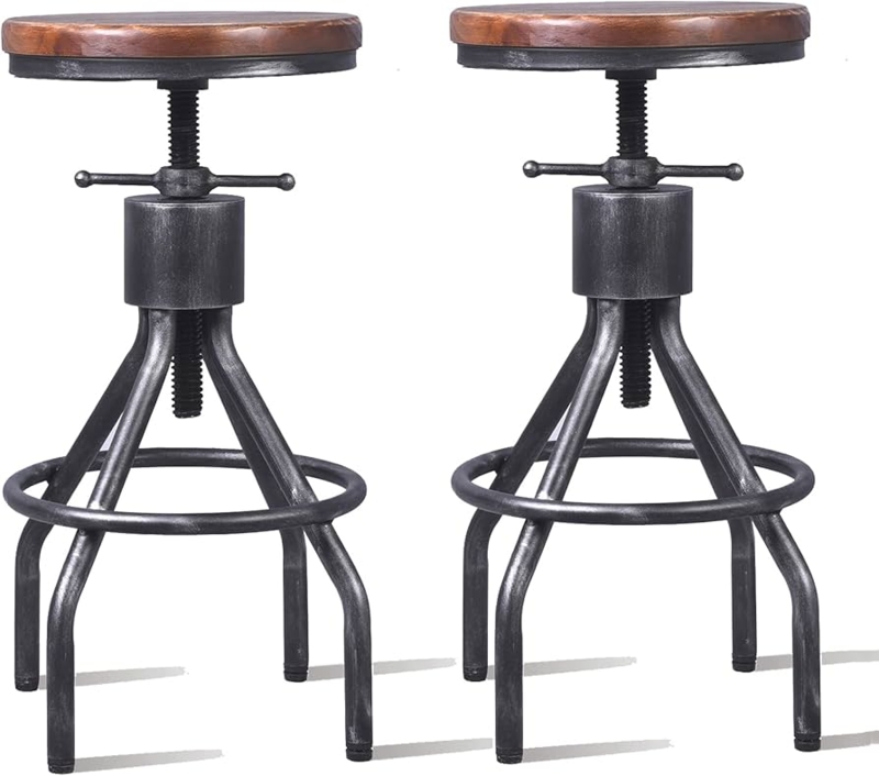 Bar Stool Distressed Gunmetal Grey Industrial Metal Frame Adjustable Height
