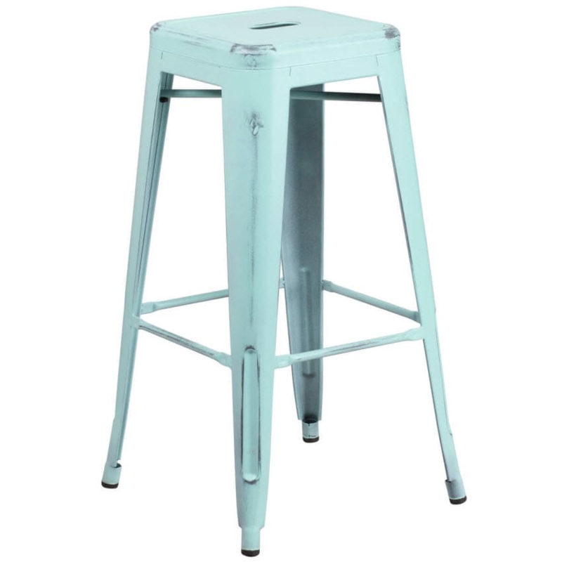 Bar Stool, Distressed Ice Blue Metal, Backless Design, Handle Cutout Seat