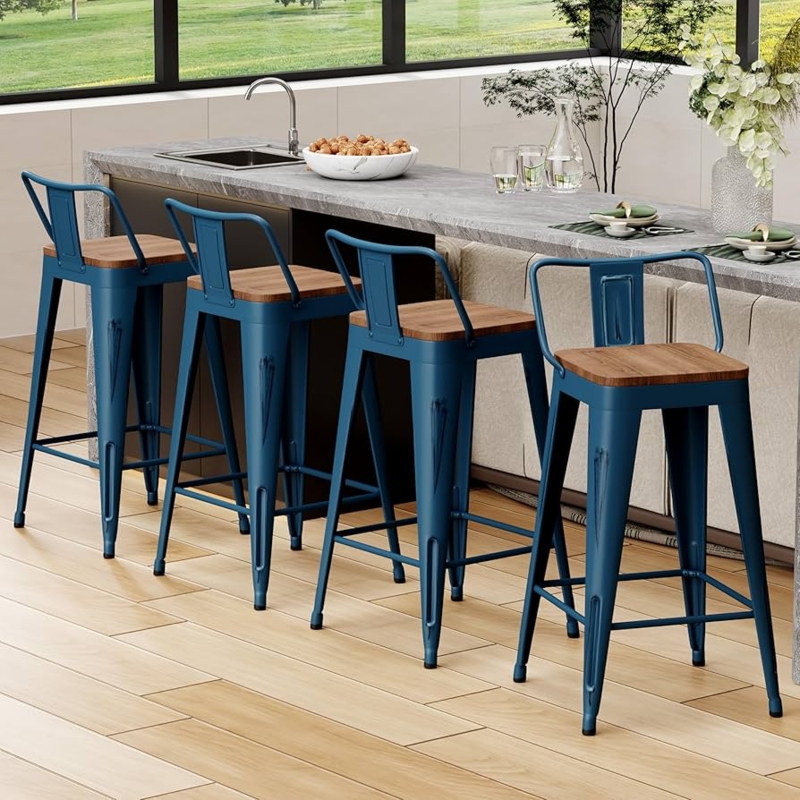 Bar Stool Distressed Navy Finish Industrial Metal Wood Seat