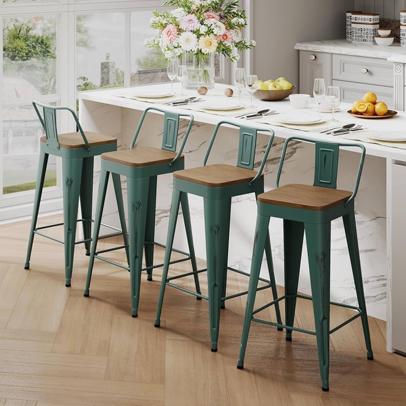 Bar Stool Distressed Teal Industrial Metal Frame Wood Seat