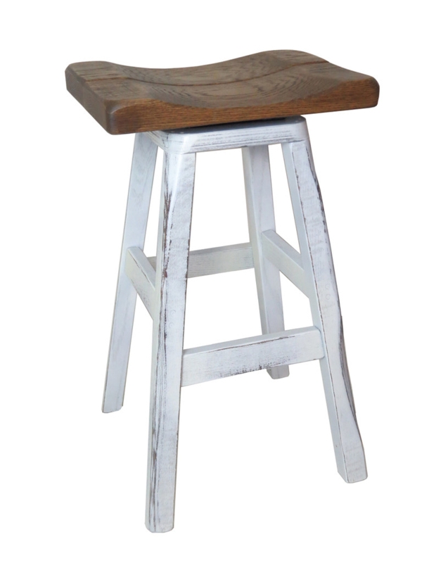 Bar Stool Distressed White Base Two-Tone Swivel Saddle Seat Rustic