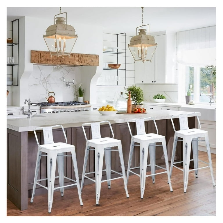 Bar Stool Distressed White Finish Industrial Metal Low Back