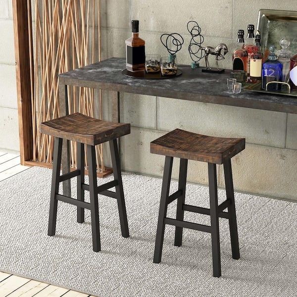 Bar Stool Distressed Wood Saddle Seat Black Metal Frame Industrial Rustic