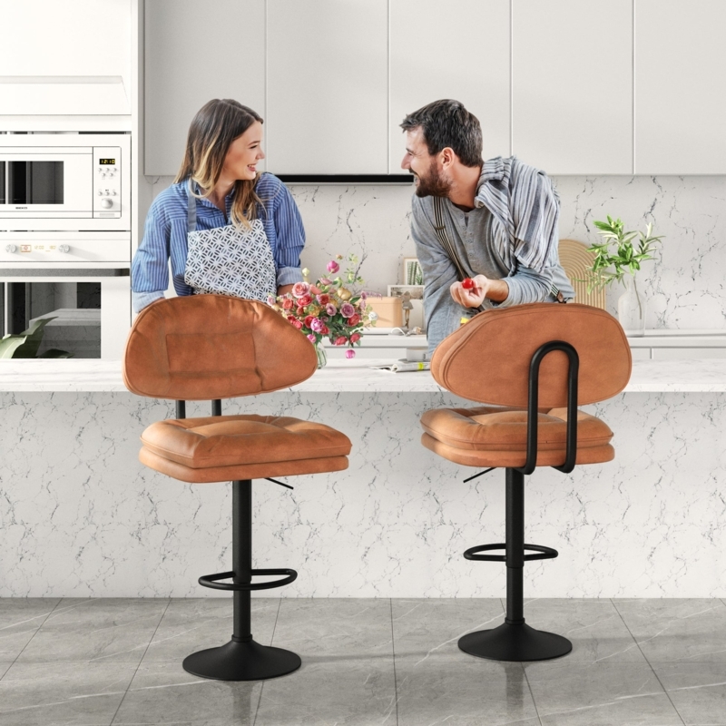 Bar Stool Double Layer Seat Camel Leather Like Adjustable Swivel