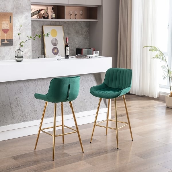 Bar Stool Emerald Green Velvet Channel Tufting Gold Tapered Legs
