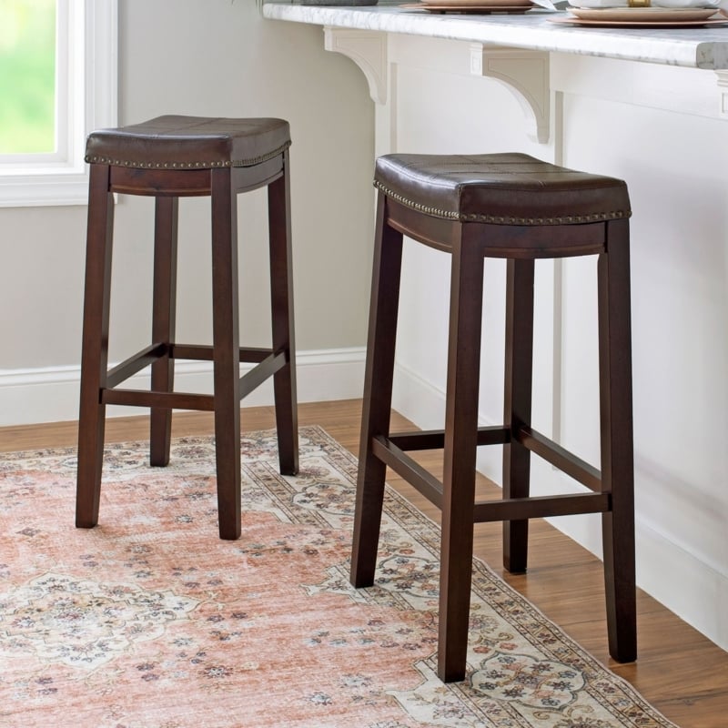 Bar Stool Espresso Wood Frame Nailhead Trim Traditional Seating