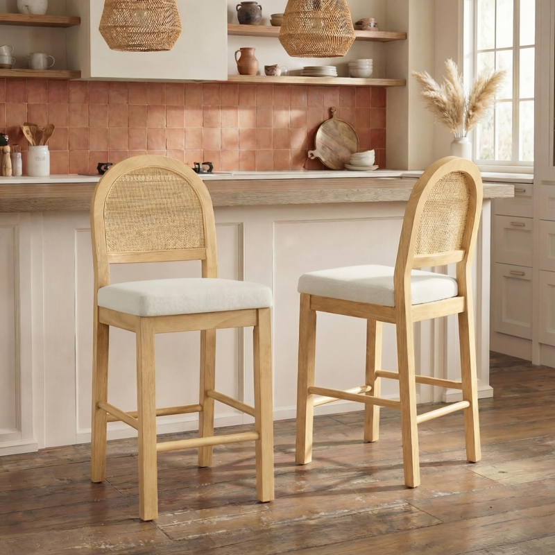 Bar Stool Farmhouse Style with Arched Rattan Back & Light Oak Look