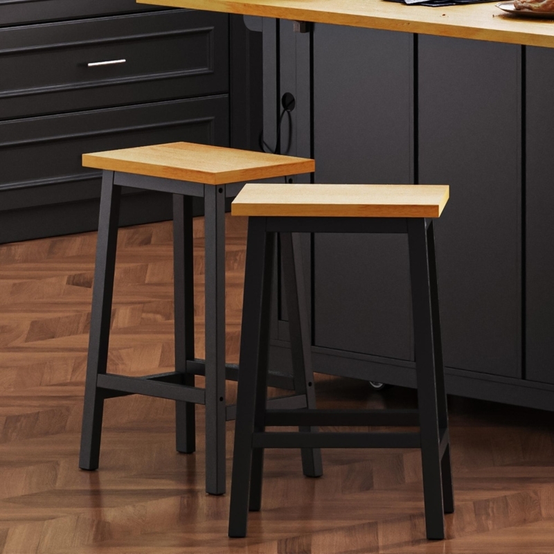 Bar Stool: Farmhouse Two-Tone Finish, Backless Wood and Metal Design