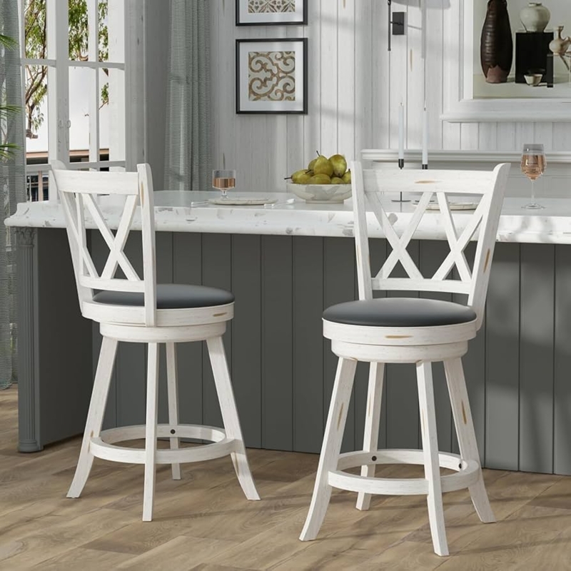 Bar Stool: Farmhouse X-Back Design with Distressed Antique White Finish