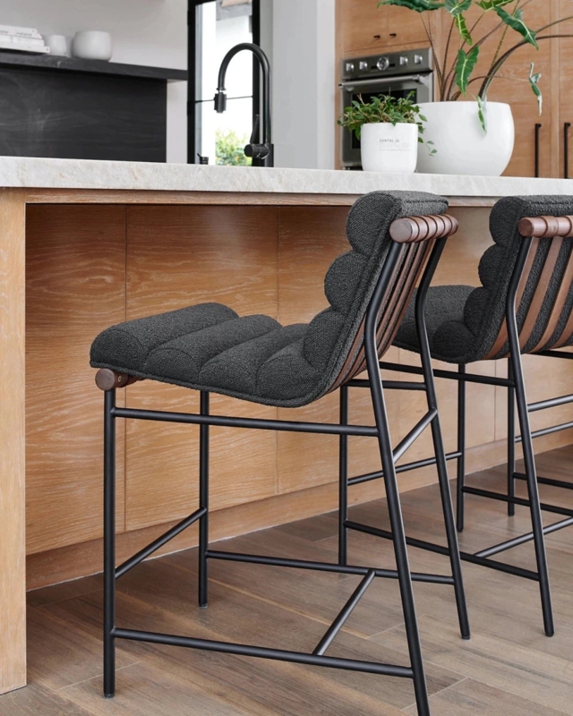Bar Stool featuring Charcoal Boucle Texture and Slatted Back