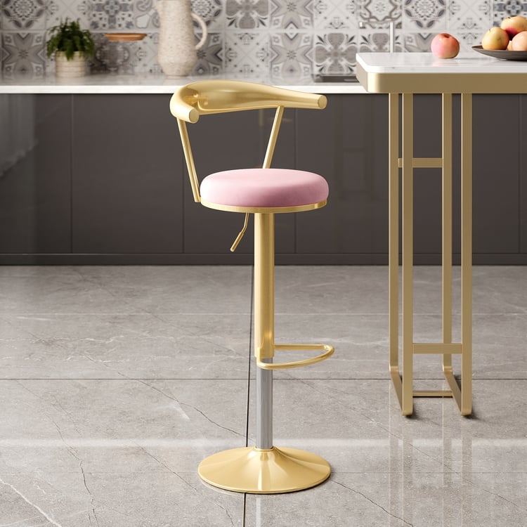 Bar Stool featuring Curved Gold Backrest and Pink Velvet-Like Upholstery