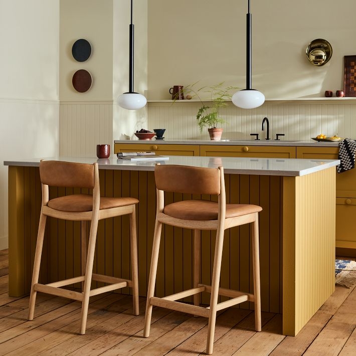 Bar Stool featuring Open Frame in Blonde Wood and Tan Seat