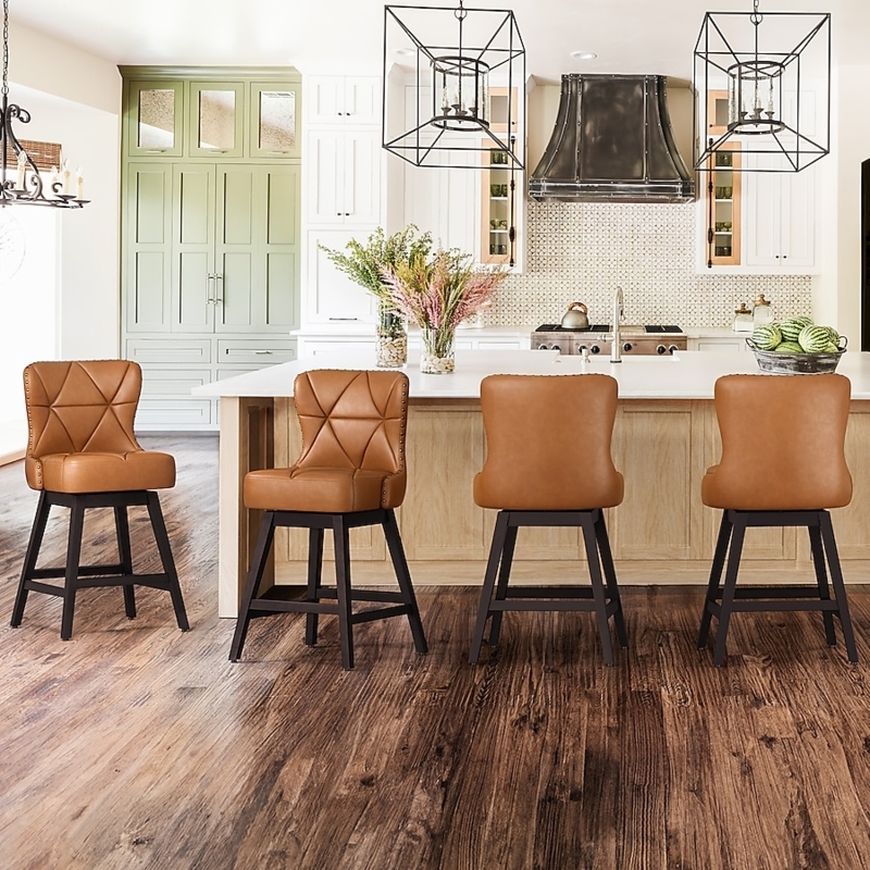 Bar Stool Flared Back Whiskey Brown Diamond Stitched Swivel Dark Wood