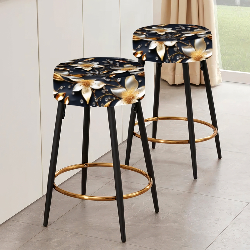 Bar Stool Floral Crystal Seat Circular Gold Footrest