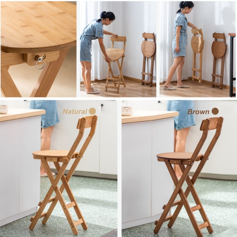 Bar Stool Foldable Bamboo Appearance Round Seat Locking Pin Mechanism