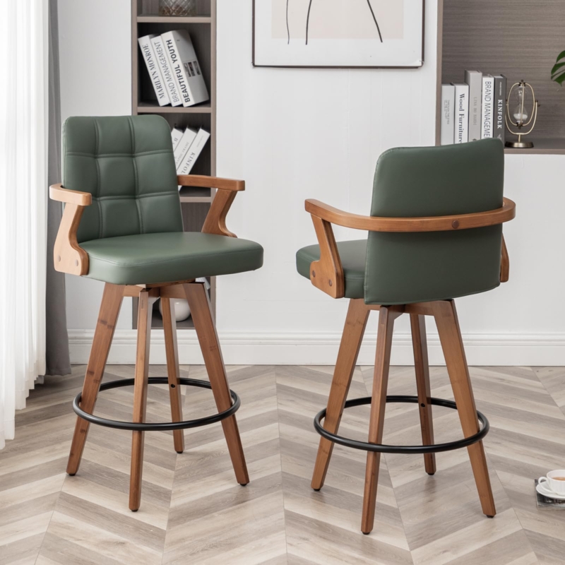 Bar Stool Forest Green Quilted Swivel Wrap Around Wooden Arms