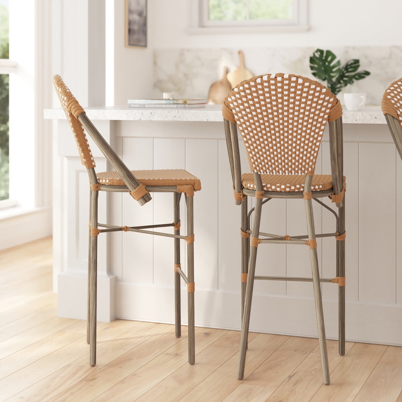 Bar Stool, French Bistro Style, Woven Checkerboard Pattern, Tan and White