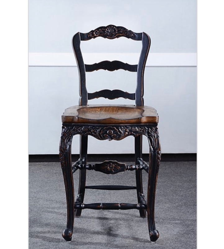 Bar Stool: French Country Carved Apron, Ladder Back, Distressed Finish