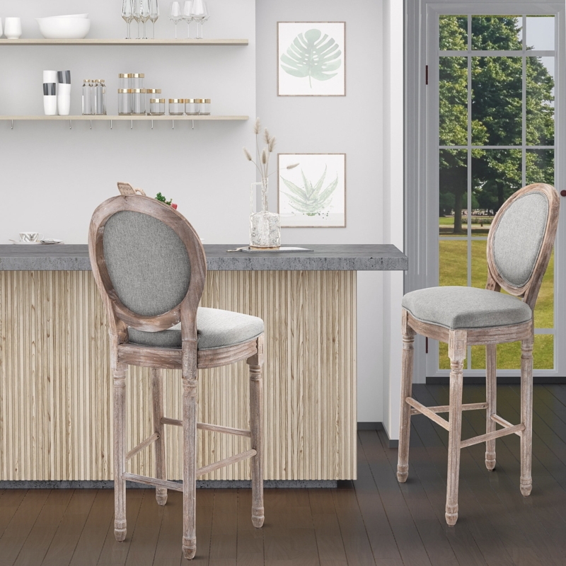 Bar Stool, French Country, Gray Upholstered Oval Back, Distressed Wood