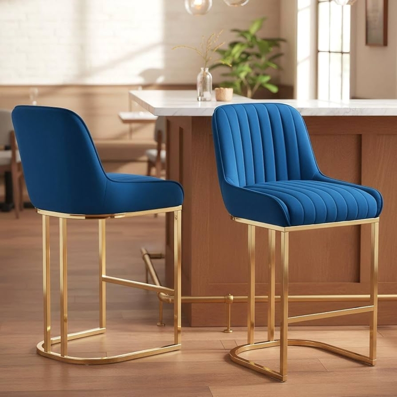 Bar Stool, Glam Blue Velvet, Gold Sled Base, Channel Tufted