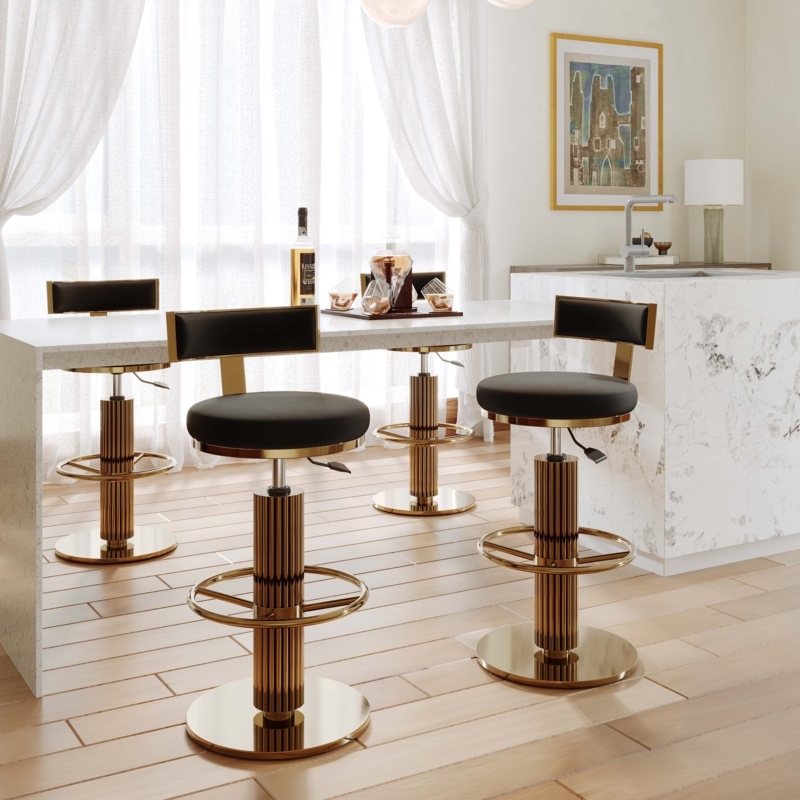 Bar Stool Glam Polished Gold Fluted Pedestal Base Adjustable Height