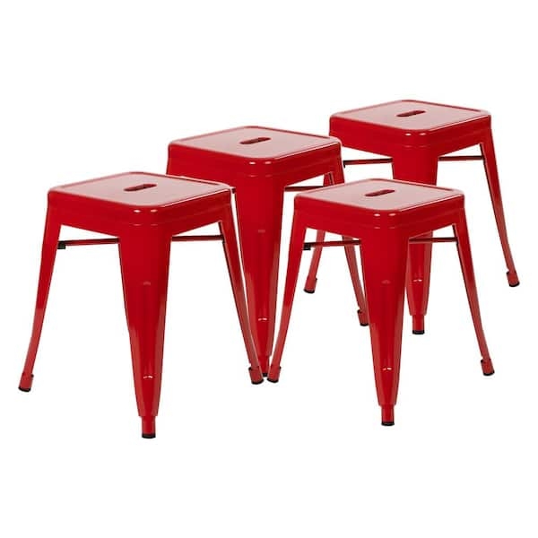 Bar Stool Glossy Red Finish Metal Backless Square Seat Handle Cutout