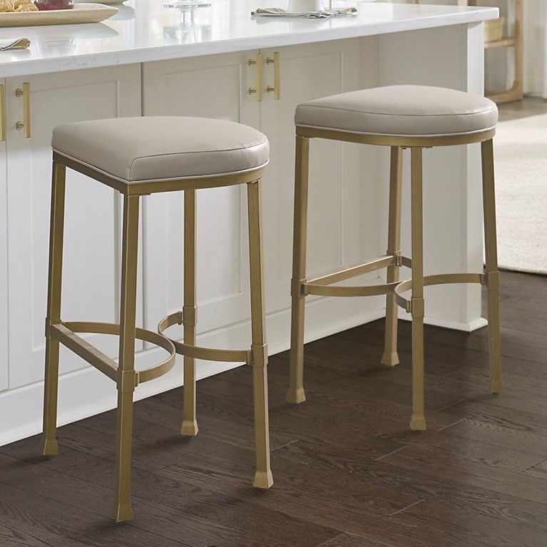 Bar Stool Gold Metal Light Gray Upholstered Curved Footrest Glam