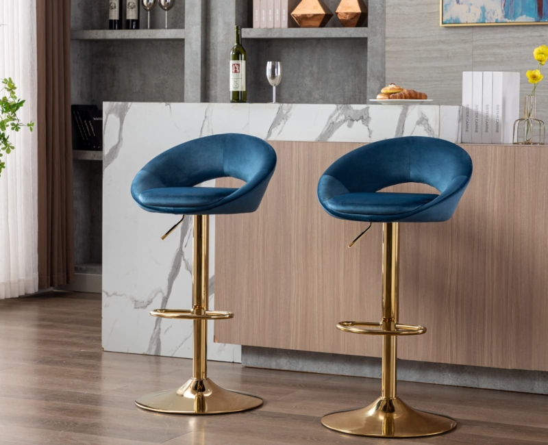 Bar Stool Gold Pedestal Base Velvet Adjustable Height