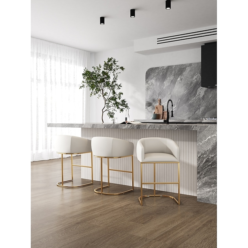 Bar Stool Gold Sled Base Cream Upholstered Bucket Seat