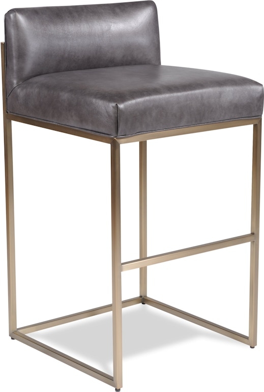 Bar Stool Gray Leather Low Back Bronze Frame Square Legs