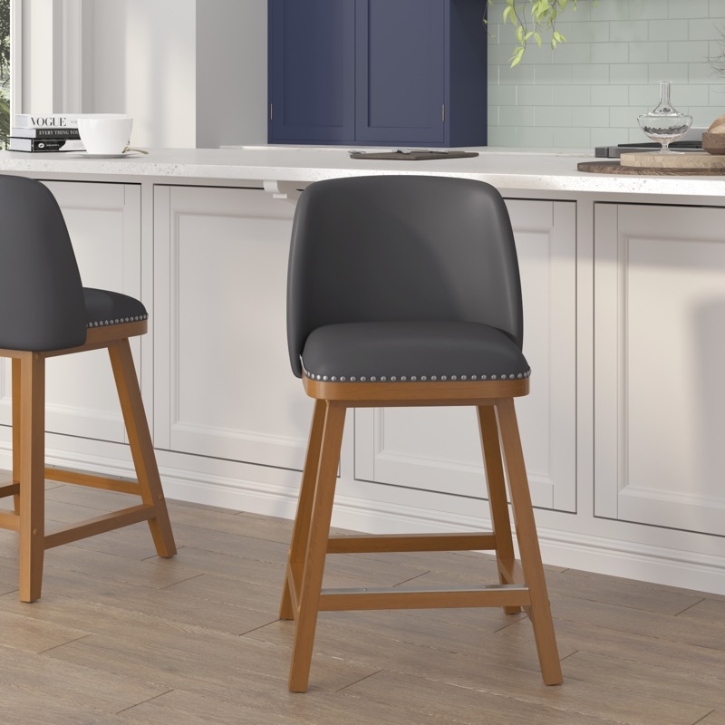 Bar Stool Gray Leatherette Nailhead Trim Wood Legs Transitional Design