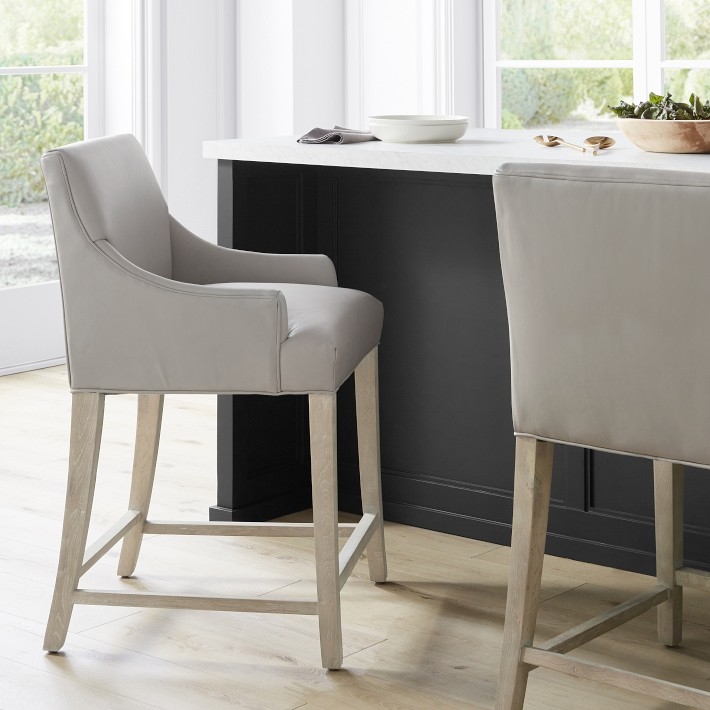 Bar Stool Gray Leatherette Sloped Arms Weathered Wood Legs Transitional