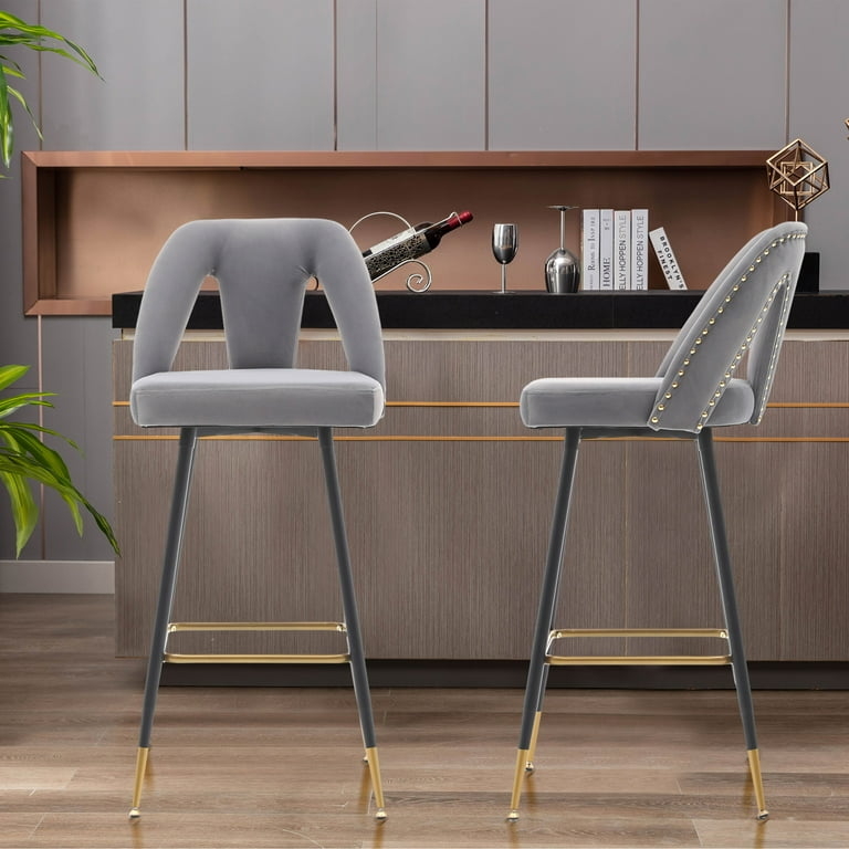 Bar Stool Gray Velvet Cutout Back Gold Tipped Legs Nailhead Glam