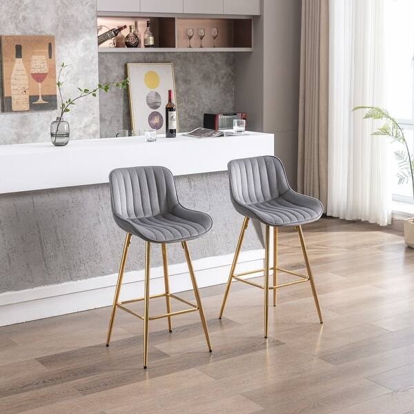 Bar Stool Gray Velvet Ribbed Back Gold Tapered Legs Glam