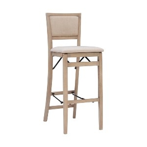 Bar Stool Gray Wash Wood Folding Frame Padded Back Beige Upholstery