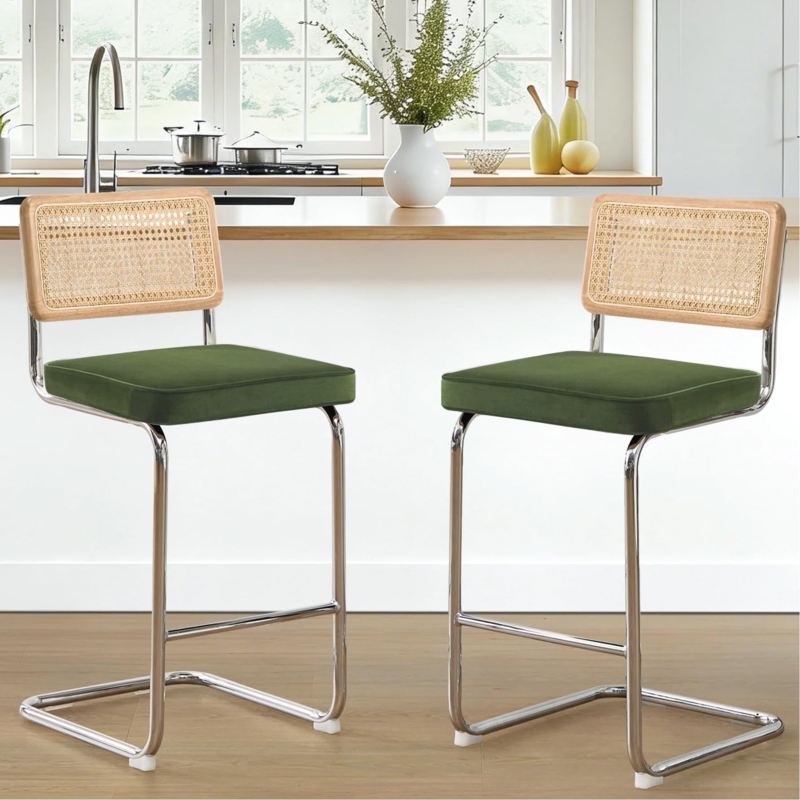 Bar Stool Green Velvet Cantilever Base with Cane Inlay Backrest