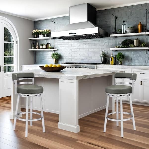 Bar Stool Grey Leather Like Brushed Metal Horizontal Slat Back