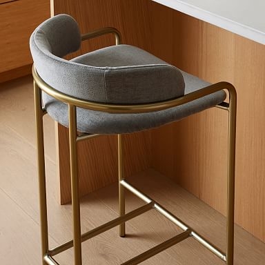 Bar Stool Grey Upholstered Bronze Tubular Frame Wrap Around Back