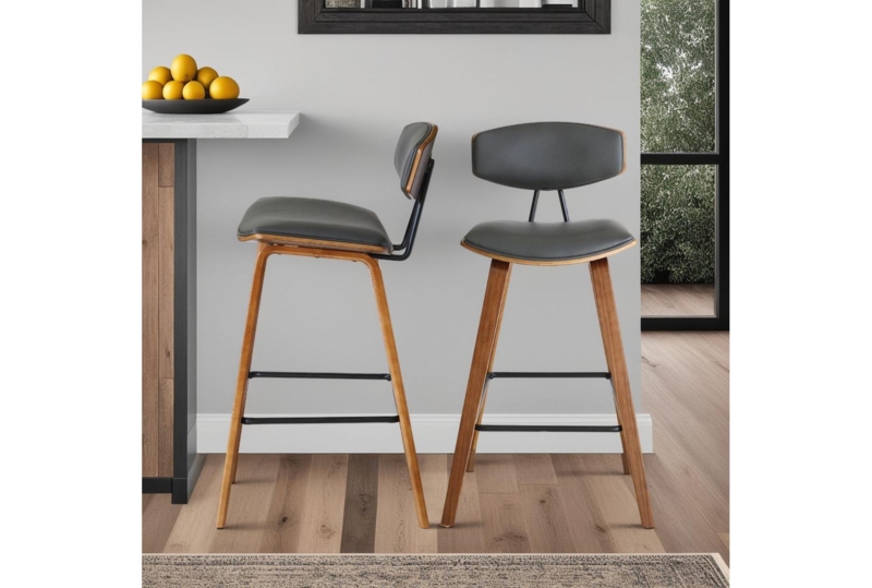 Bar Stool Grey Upholstery Bentwood Shell Tapered Wood Legs Curved Back
