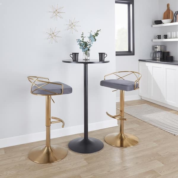 Bar Stool Grey Velvet Adjustable Height Gold Geometric Back