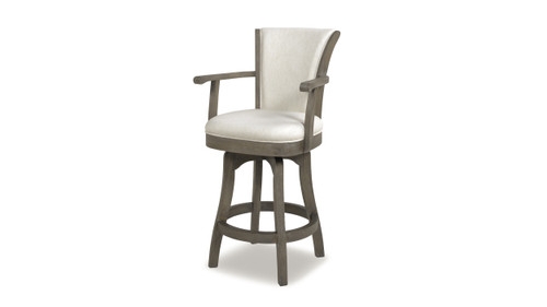 Bar Stool: Grey Wash Wood Finish, Cream Fabric, Integrated Arms