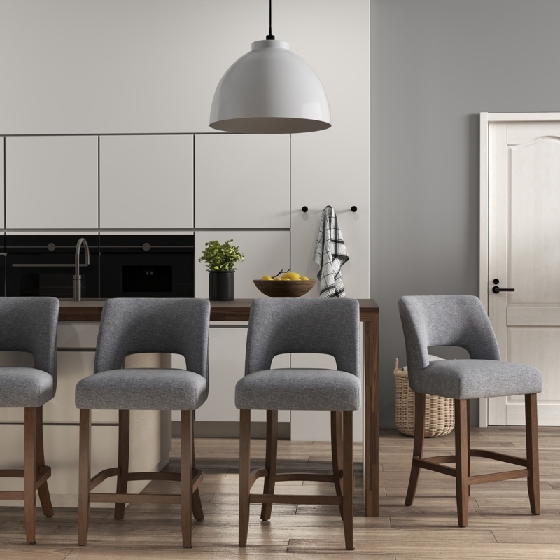 Bar Stool Grey Woven Upholstery Cutout Back Design Wood-Toned Legs