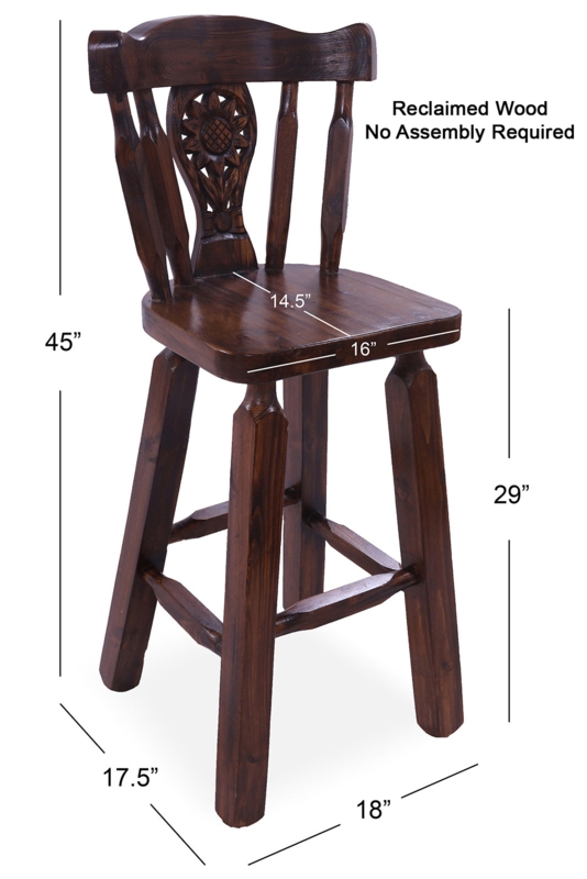 Bar Stool Hand Carved Sunflower Motif Dark Wood Rustic Farmhouse