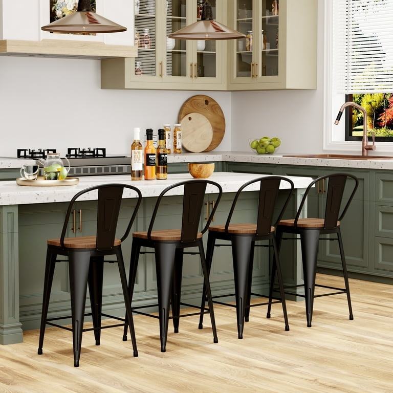 Bar Stool: High Back Silhouette, Industrial Black Metal Frame, Wood Seat