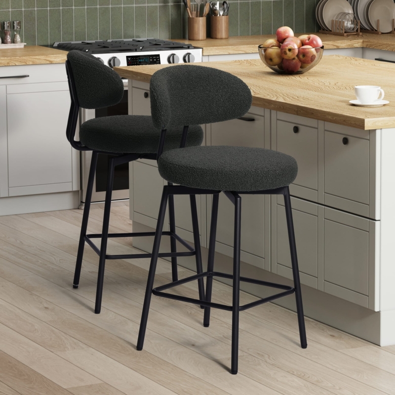 Bar Stool in Charcoal Sherpa Upholstery with Slim Legs