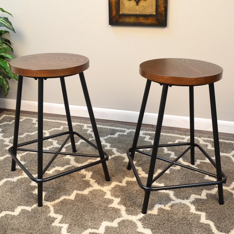 Bar Stool: Industrial Backless, Circular Footrest, Mixed Material